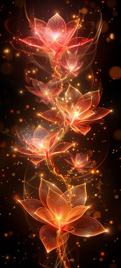 an image of flowers in the dark with sparkles on it's sides and lights coming from them