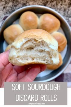 soft sourdough discard rolls in a bowl with text overlay