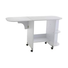 a white table with wheels and a shelf on the top that has an open end section