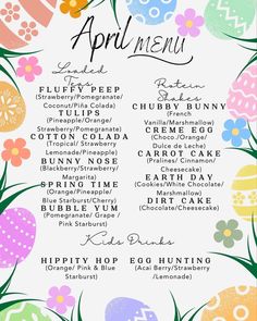 an easter menu with colorful eggs and flowers