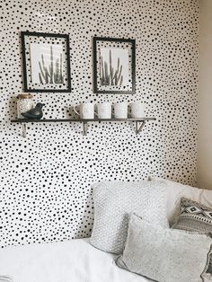 two black and white polka dot wallpapers in a living room with pillows on the couch