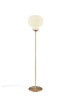 a floor lamp with a white shade on it's base and a cord plugged into the bulb