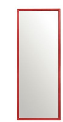 a red framed mirror on a white background with clippings to the bottom right