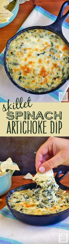 a skillet with spinach artichoke dip in it and someone scooping something out