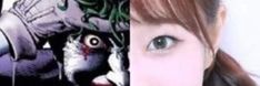 two different pictures with one woman's face and the other has an evil clown