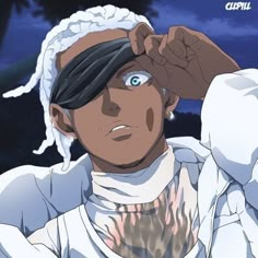 an anime character holding his head with one hand