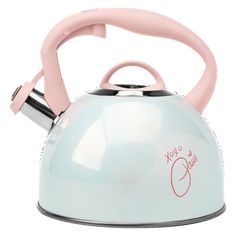 a white and pink tea kettle on a white background