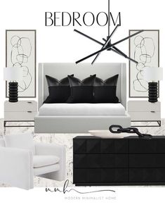 a bedroom with white furniture and black accents