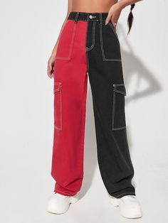 Multicolor    Denim Colorblock Cargo Pants  Non-Stretch  Women Denim Two Tone Cargo Pants, Two Toned Cargo Pants, Split Color Pants, Color Block Cargo Pants, Black And Red Pants, Two Tone Pants, Color Block Pants, Converse Red Outfit