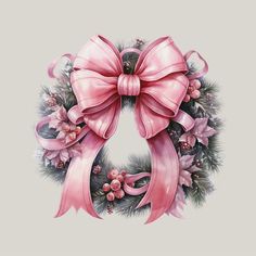 a christmas wreath with pink bows and pine cones on it's side, painted in watercolor