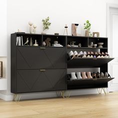 a black cabinet with many pairs of shoes sitting on it's sides and shelves