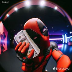 a deadpool character holding money in front of his face