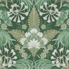 a green and white floral wallpaper with leaves, flowers and other things on it