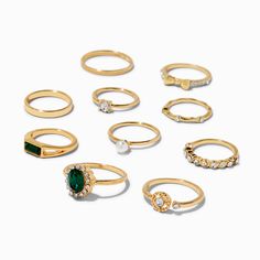 Claire's Gold-tone & Emerald Bow Mixed Rings - 10 Pack Mixed Rings, Royalty Core, Piercing Kit, Fashionable Jewelry, Demi Fine Jewelry, Clear Crystals, Jewelry And Accessories, 14kt Gold, Diamond Studs