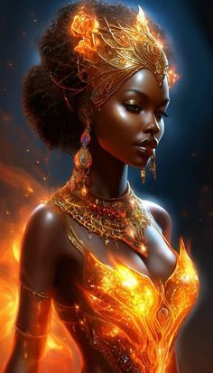 an african woman wearing gold jewelry with fire in her hair and dress, standing against a dark background