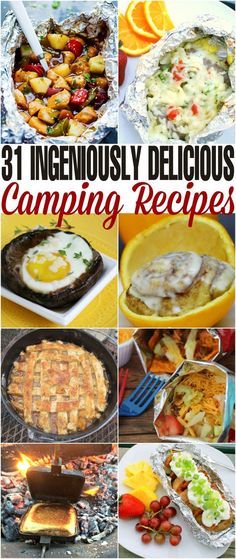 the cover of 31 ingeniously delicious camping recipes, with pictures of different types of food