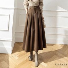 Lasaky - Womens Winter High-Waisted Maxi Skirt with Elegant Pleats and Flared Hem, Knee-Length Coverage Brown Long Skirt, Long Skirt Winter, Maxi Skirt Winter, Winter Maxi, Retro Skirt, High Waisted Maxi Skirt, Flowy Design, Winter Chic, Pleated Maxi Skirt