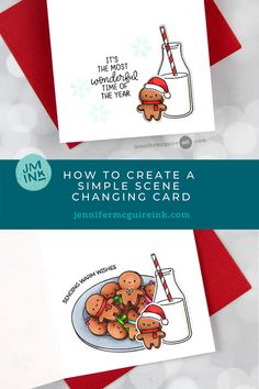 two christmas cards with the words how to create a simple scene changing card on them