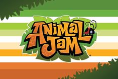 an animated image of the word animal jam on a striped background with leaves and grass