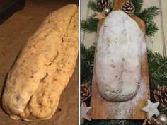 two pictures side by side one with bread and the other with pine cones