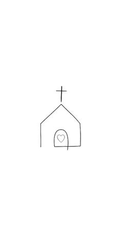 a black and white drawing of a church with a heart on it's roof