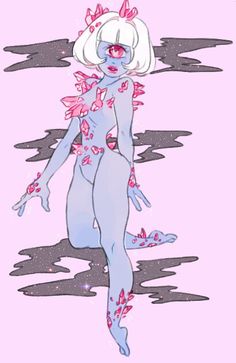 a drawing of a woman with white hair and pink flowers on her body, standing in water