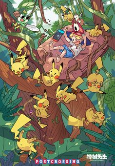 the pokemon movie poster with pikachu and other characters in front of them on a tree