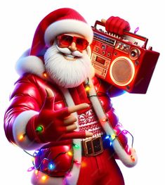 a santa clause holding a boombox and wearing sunglasses