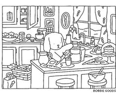 a black and white drawing of a person cooking in the kitchen