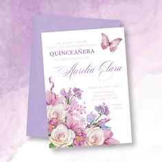 the wedding card is decorated with flowers and a butterfly on purple watercolor paint background