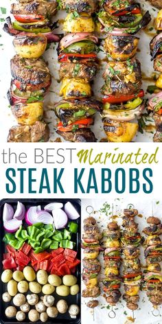 the best marinated steak kabobs are on display with vegetables and meats