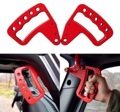 pair of red car door handles for cars with holes in the front and rear doors