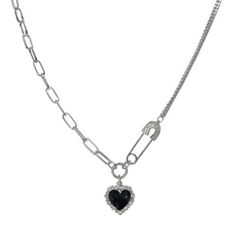 Women's Necklace Silver Safety Pin W/ Cz's & Black Enamel Heart Short Chain Safety Pin & Black Enamel Heart W/ Small Cz's Link Chain, Mismatched Zinc Alloy 45 Cm + 5 Cm Bohemian Choker Necklace, Womens Necklaces Silver, Safety Pin Necklace, Simple Chain Necklace, Safety Pin Jewelry, Tiny Heart Necklace, Chain Heart, Necklaces Silver, Women's Necklace