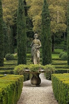 a statue in the middle of a garden surrounded by trees