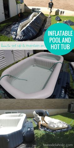 an inflatable pool and hot tub is being installed