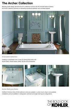 a bathroom with blue walls and flooring is featured in the ad for kohle