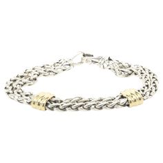 Designer: David Yurman Material: Sterling Silver / 18K yellow gold Dimensions: bracelet will fit up to a 8.5-inch wrist Weight: 42.05 grams David Yurman, Sterling Silber, Chain Bracelet, Jewelry Bracelets, Yellow Gold, Bracelet, Sterling Silver, Chain, Yellow