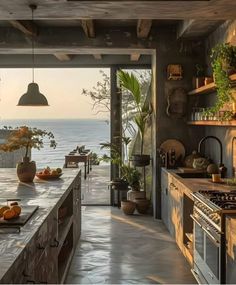 a kitchen with an ocean view and lots of counter space in the center is surrounded by potted plants