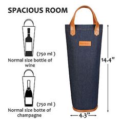 the spaceous room wine bottle bag size guide is shown with measurements for each bottle