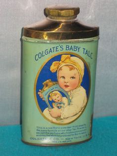 an old tin can with a baby doll on it's back and the label says colgate's baby talc