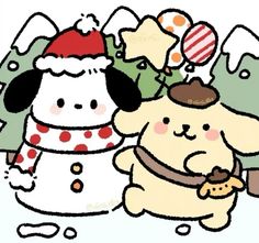 a drawing of a dog and snowman with christmas decorations on their heads in the background