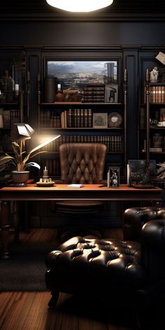 a dark room with a desk, chair and bookshelf