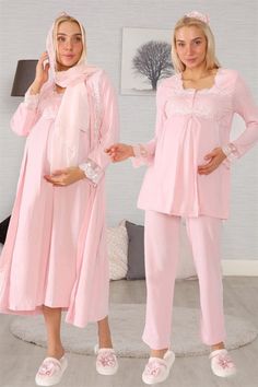 LohusaHamile 2406 Maternity Pajamas Maternity Nightgown Set with Robe  for Muslim women Cotton Fabric There are 4 pieces of product in the package ( Maternity Pajamas, Maternity Nightdress and Maternity Robe ) This Products have breastfeeding feature Pajamas and nightgown are long sleeved Adjustable at the waist There is a Belt in the Pachage There is a scarf in the Package it's a model that you can use after postpartum period Attention, There are CROWN and SLIPPERS in the Package Size Range; if Pink Long Sleeve Sets For Eid, Nursing Friendly Long Sleeve Sleepwear, Maternity Long Sleeve Sleepwear, Maternity Nightgown, Maternity Pajama Set, Pink Hijab, Maternity Nursing Pajamas, Trendy Maternity Outfits, Nursing Pajamas