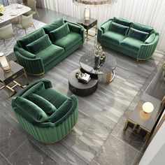 a living room filled with lots of green furniture