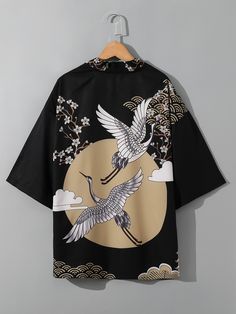 Black Boho Collar Three Quarter Length Sleeve Fabric Animal,Floral Shirt Embellished Non-Stretch  Men Tops Kimonos, Pretty Kimonos, Moda Kimono, Crane Print, Kimono Floral, Mode Kimono, Shirt Design Inspiration, Black Boho, Print Kimono