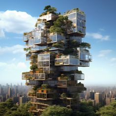 a very tall building with lots of windows and plants on the top, surrounded by trees