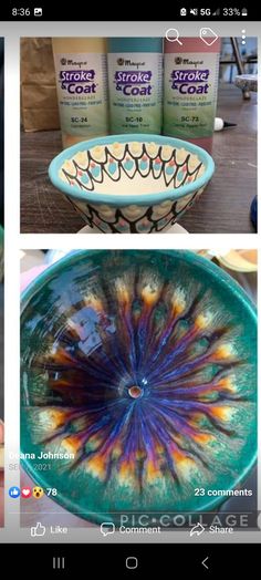 three pictures of different colored glass bowls and one has an image of the same bowl on it