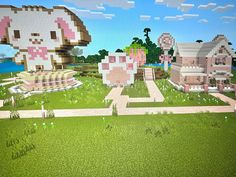 an image of some very pretty houses in the grass with hello kitty on top and other buildings behind them