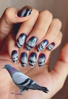 #nails Nail Art Bird, Nature Nail Ideas, Pikmin Nails, Pigeon Nails, Fnaf Nails Ideas, Pigeon Makeup, Weird Nails Design, Beetle Nail Art, Mothman Nails