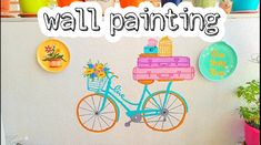 there is a wall painting with a bicycle and flowers on the bike painted on it